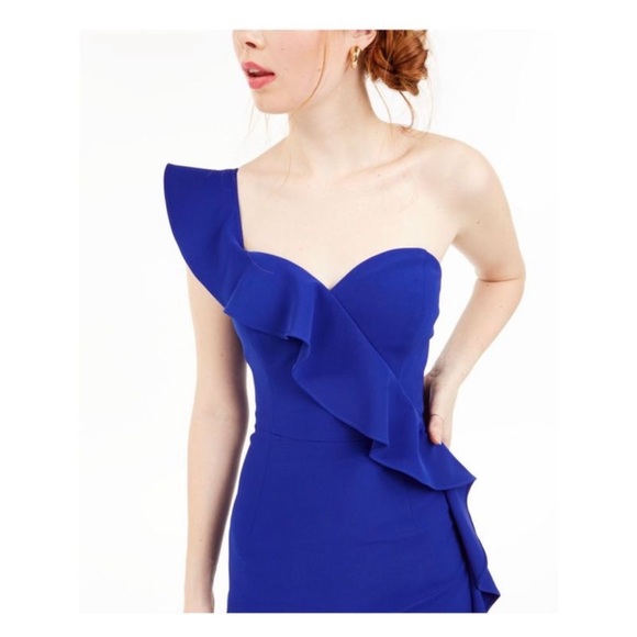 Aidan Mattox Ruffled One Shoulder Sapphire Blue Cocktail Midi Dress size 14 - Picture 5 of 11